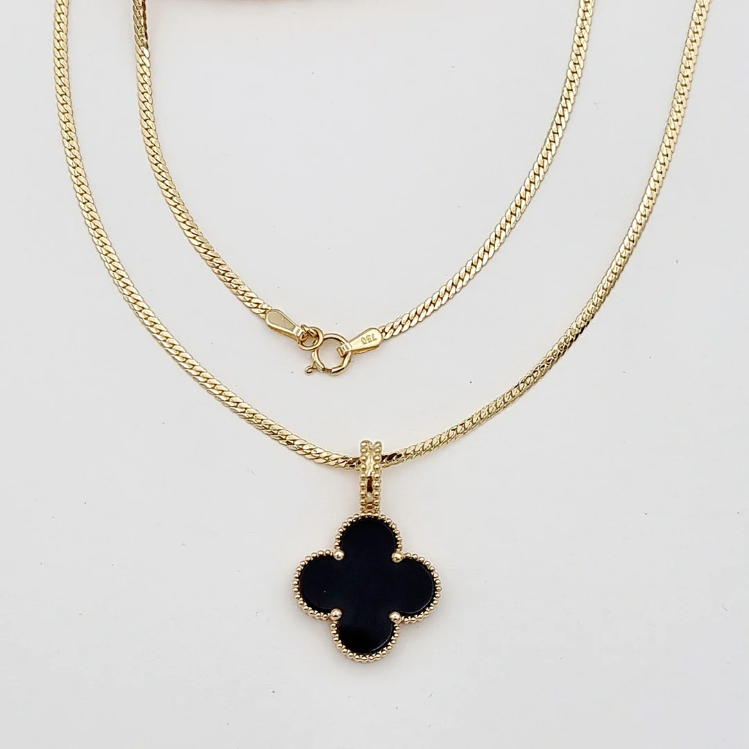 18k Gold Van Clef Black Flower Necklace